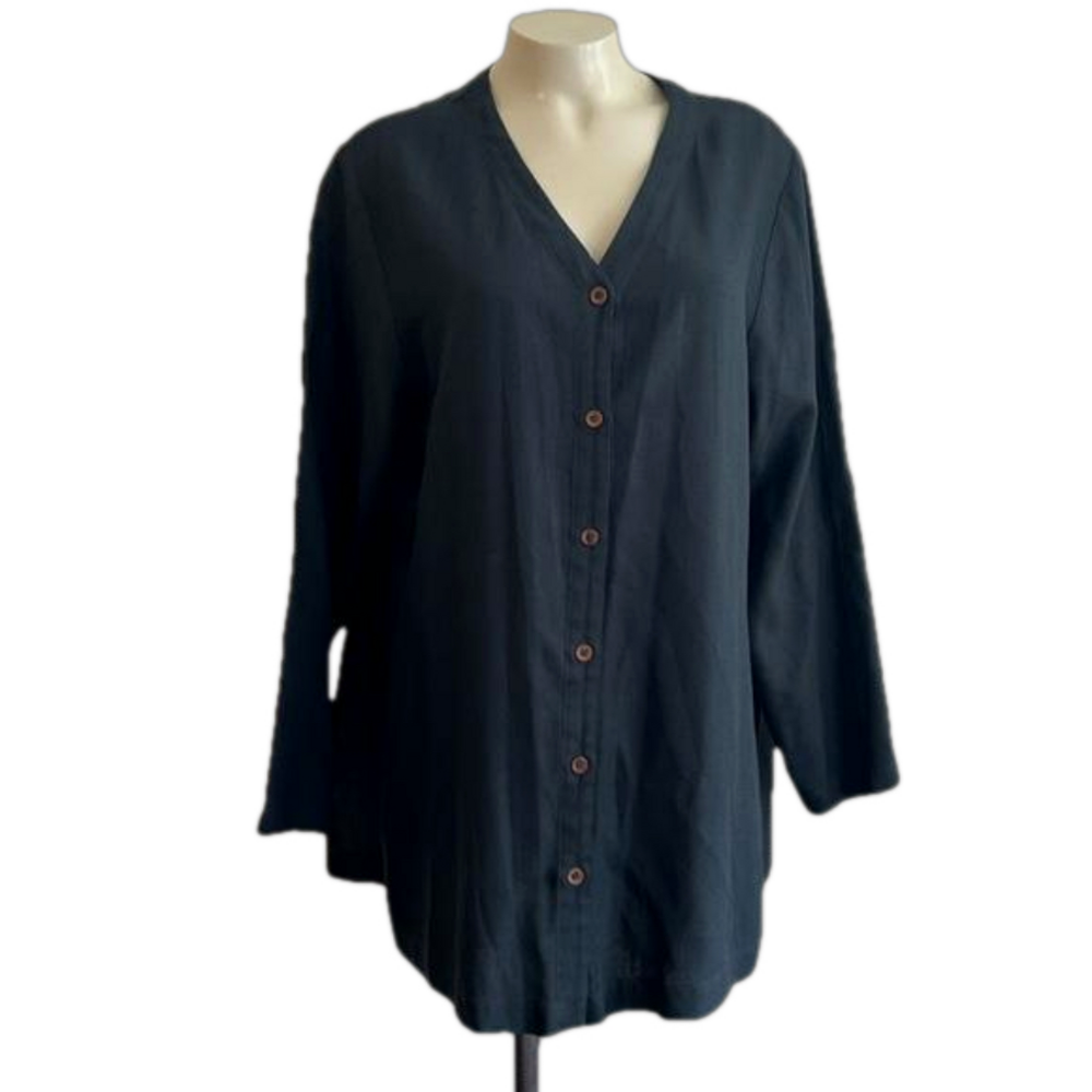 Eileen Fisher Vintage silk Blend Button Up dark green Boho Lagenlook blouse M/L